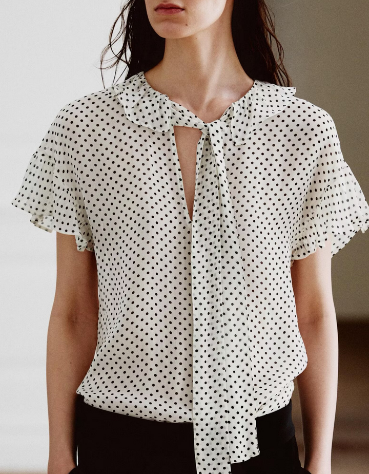 Polka Dot Bow Tie Short Sleeve Blouse