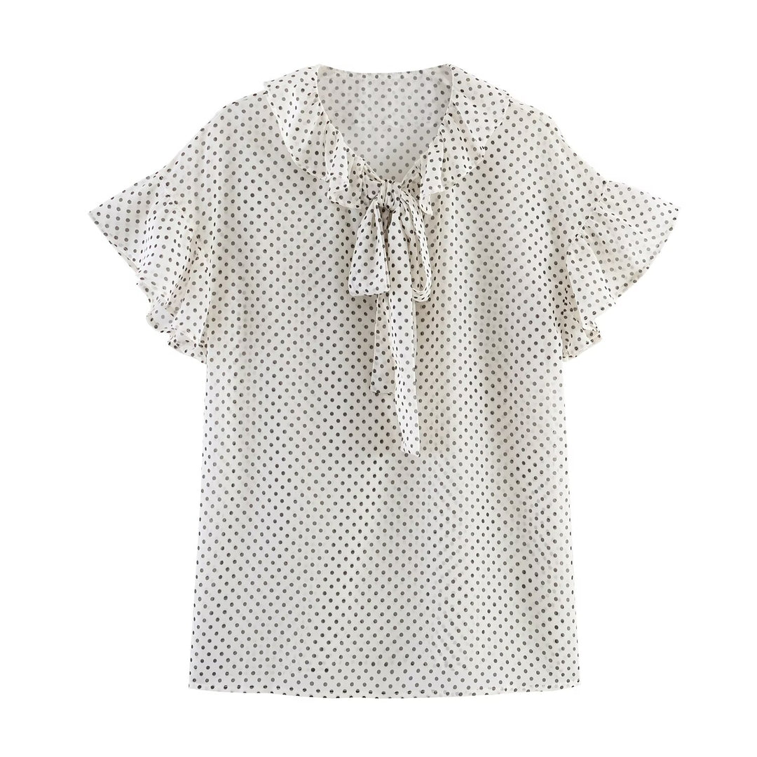 Polka Dot Bow Tie Short Sleeve Blouse