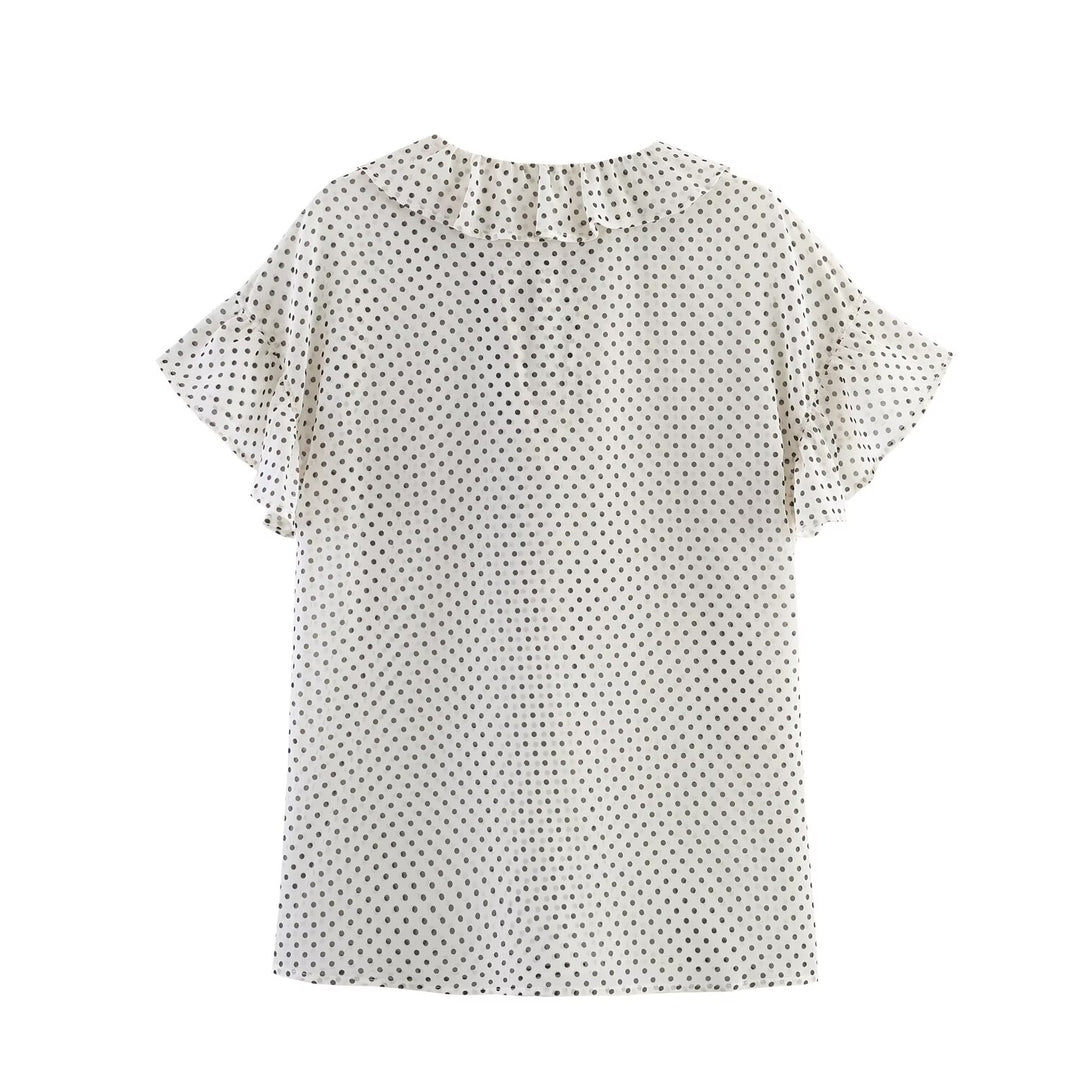 Polka Dot Bow Tie Short Sleeve Blouse