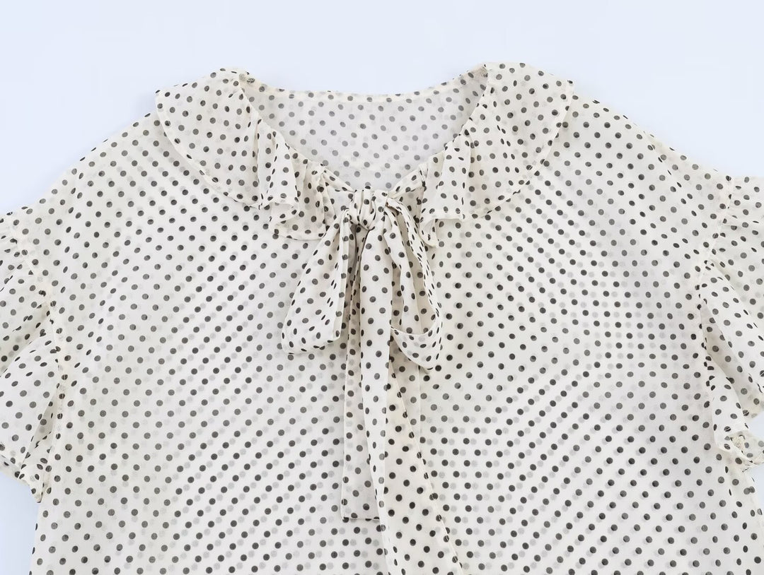 Polka Dot Bow Tie Short Sleeve Blouse