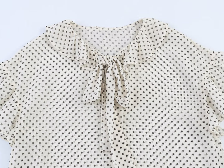 Polka Dot Bow Tie Short Sleeve Blouse
