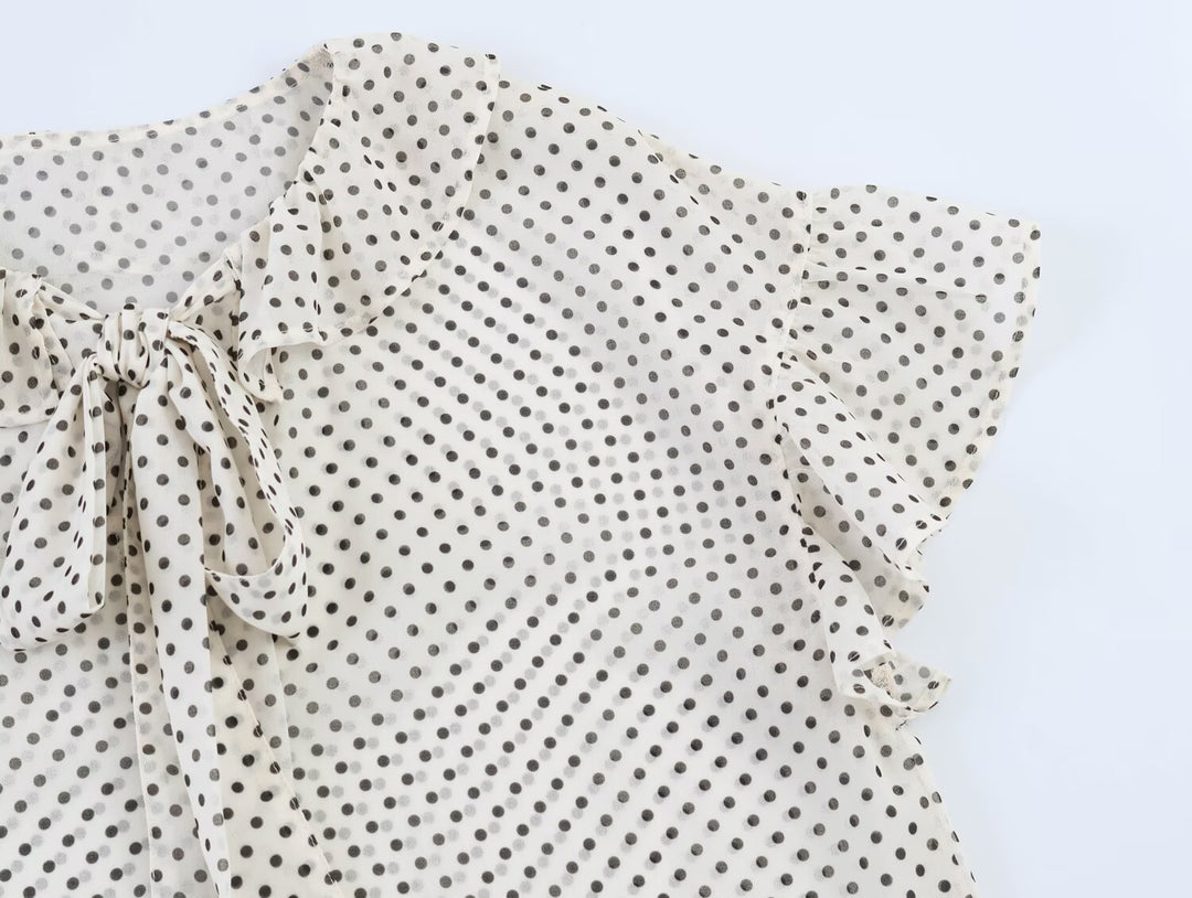 Polka Dot Bow Tie Short Sleeve Blouse