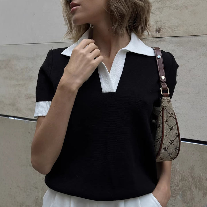 Contrast Collar Slim Knit Top