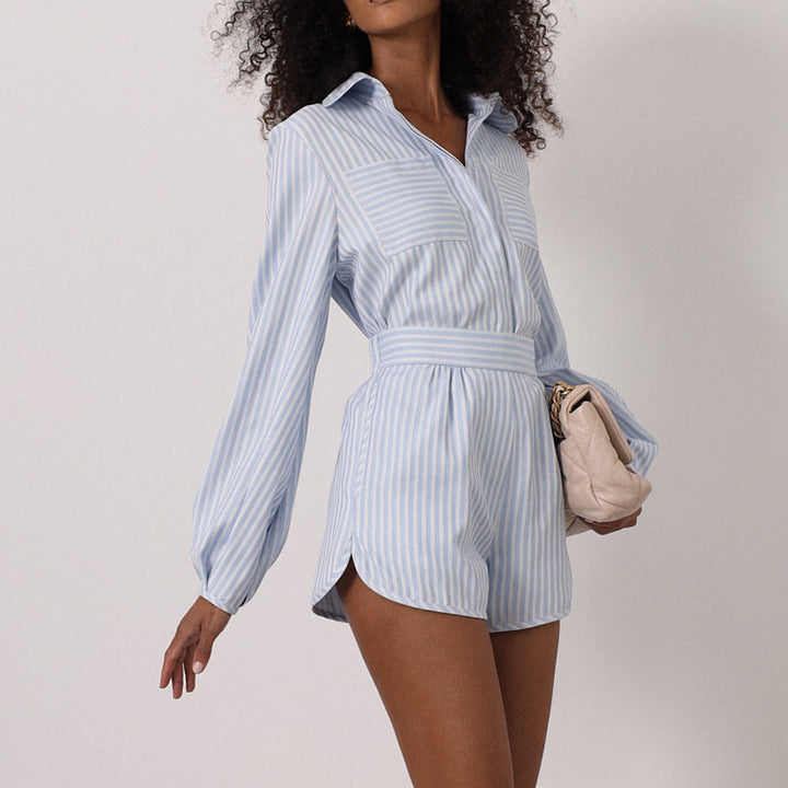 Casual Striped Shirt &amp; Shorts Two Piece Set