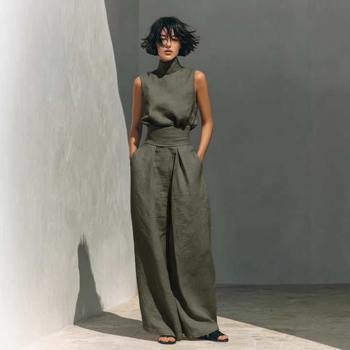 Elegant Cotton Linen Sleeveless Top &amp; Wide Leg Set