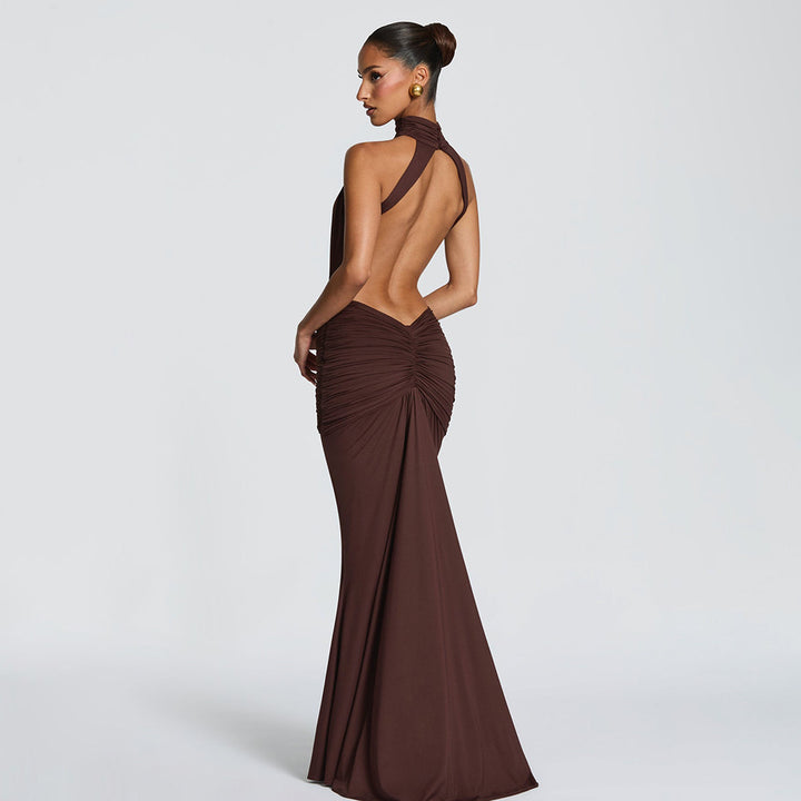 High Neck Backless Pleated Maxi Dress