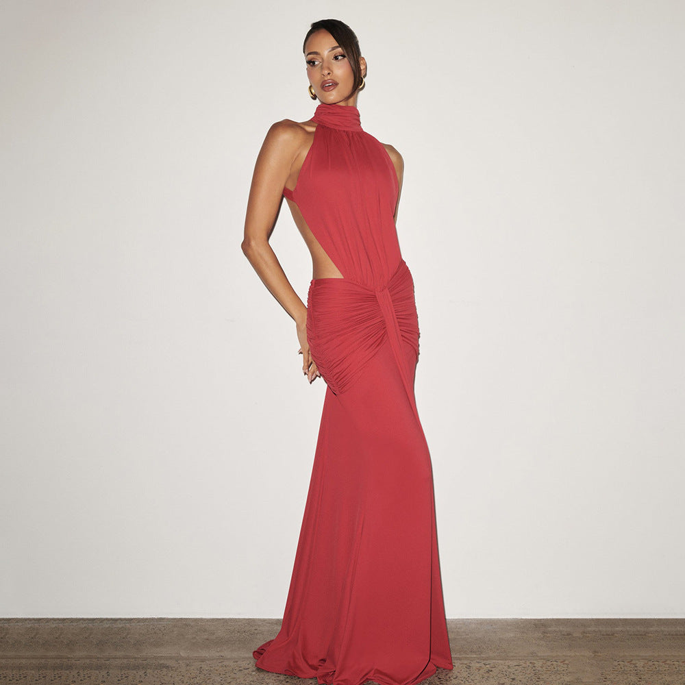 High Neck Backless Pleated Maxi Dress