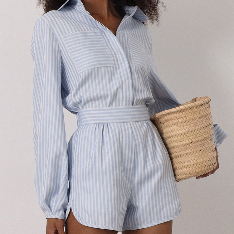 Casual Striped Shirt &amp; Shorts Two Piece Set