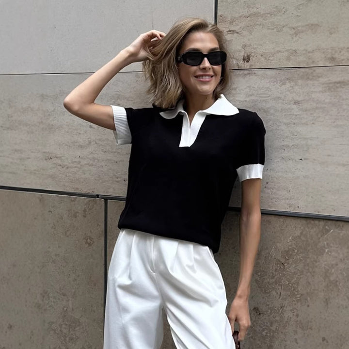 Contrast Collar Slim Knit Top