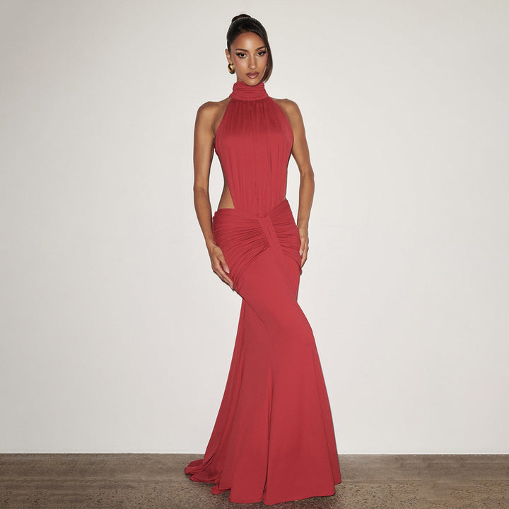 High Neck Backless Pleated Maxi Dress