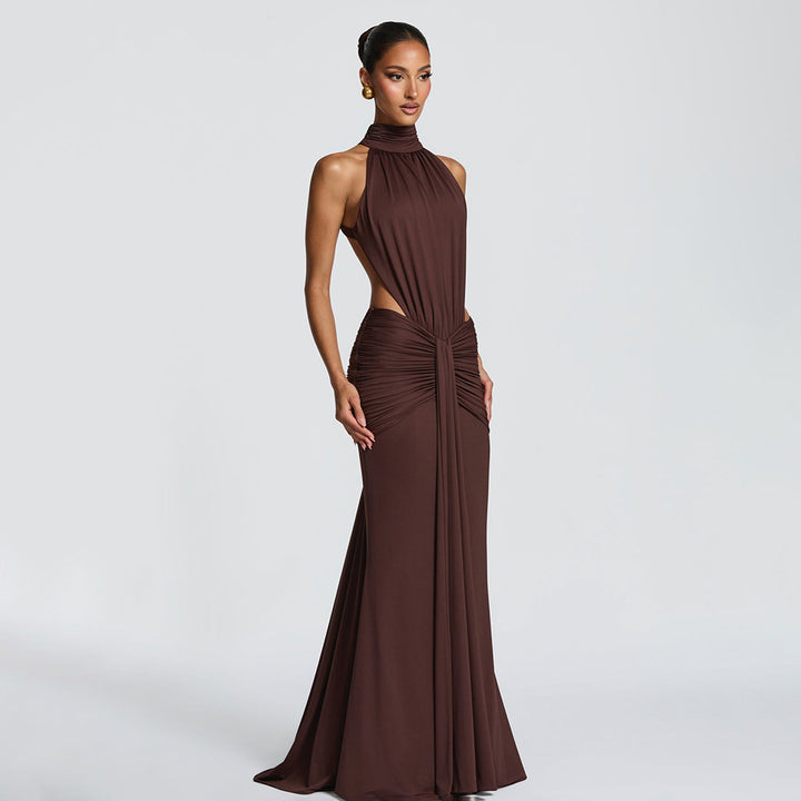 High Neck Backless Pleated Maxi Dress