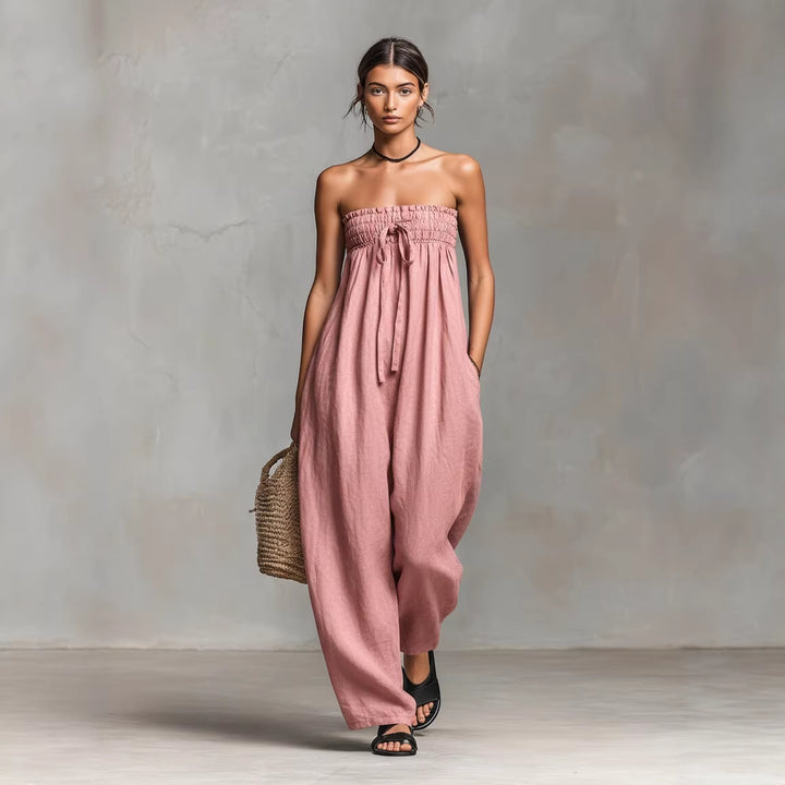 Strapless Lace-Up Smocked Jumpsuit